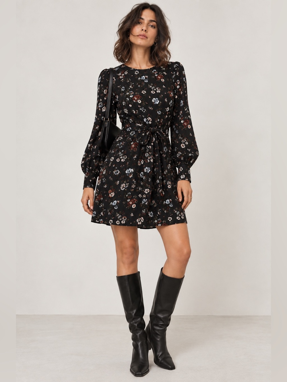 Dynamite Black Floral Tie-Waist Mini Dress Size S